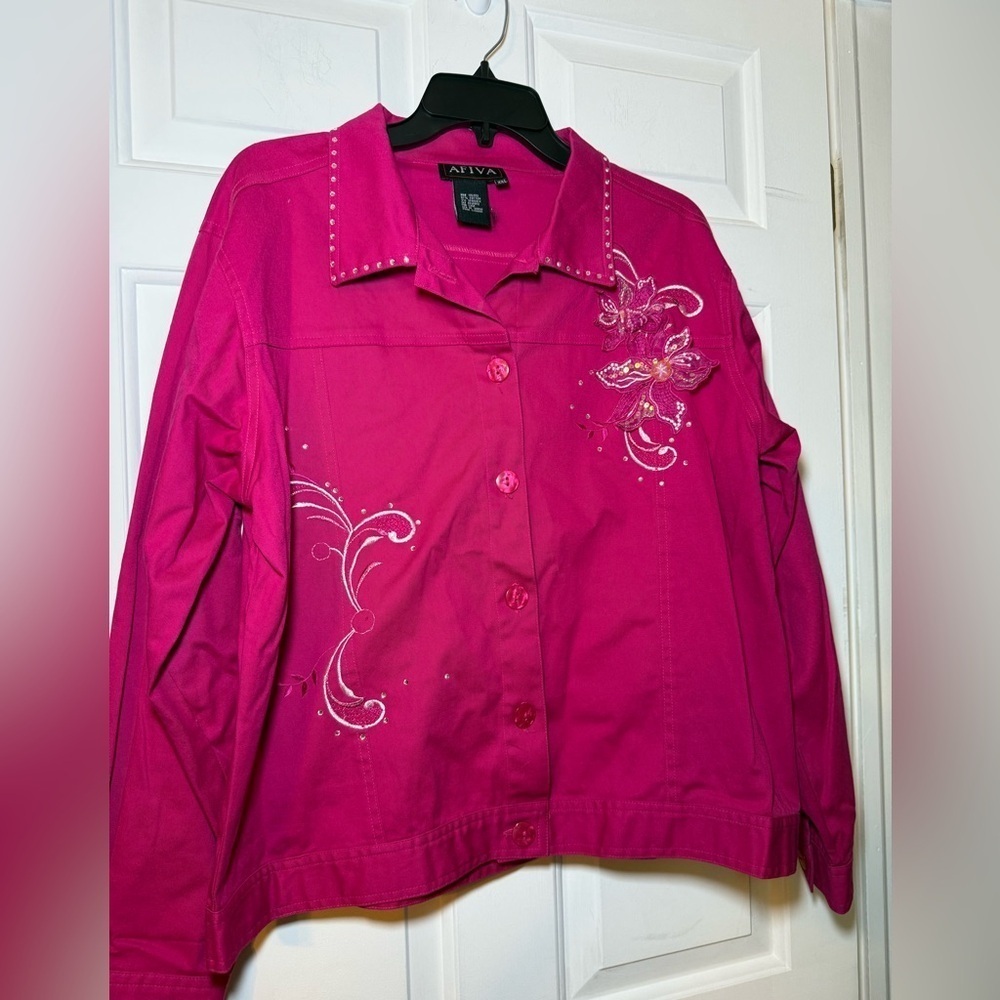 Afiva Fuschia Pink Shirt Jacket Rhinestone, Embroidered & Sequin Flower XXL NWOT